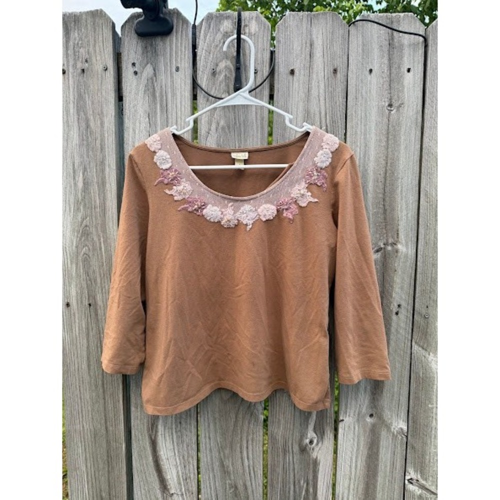 Cottagecore Floral Lace Beaded Linden Hill Knit Top‎ Womens Large Brown